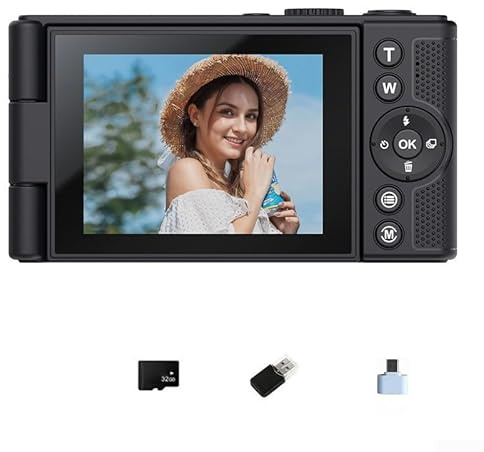 Cámara de vlogging 4K con pantalla abatible, cámara digital compacta de 64 MP para viajes, zoom 16X para fotografía de vida silvestre, portátil para estudiantes y principiantes, selfie (negro 32G)