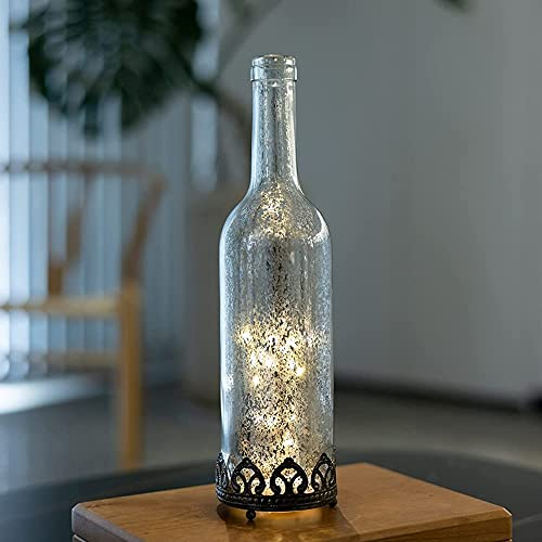 Jinfa | Farol de Vidrio con Luces LED para Exterior | Farolillo para Exteriores, Interiores, centros de Mesa, sin Llama | Color Plateado | Forma de Botella