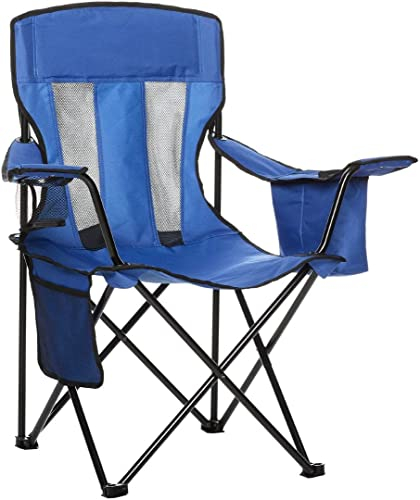 Amazon Basics Comfortable, Heavy Duty, Portable Camping Chair with 4-Can Cooler, Side Pocket, Cup Holder, and Carry Bag, Collapsible for Camping, Fishing, Beach, and Backpacking, Large, Mesh, Blue