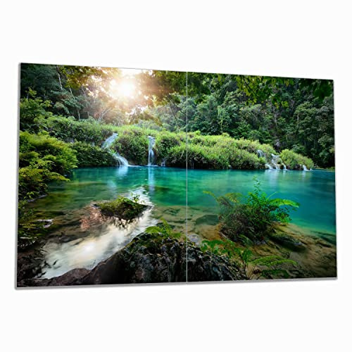 Wallario Herdabdeckplatte/Spritzschutz aus Glas, 2-teilig, 80x52cm, für Ceran- und Induktionsherde, Türkisgrüner See im Nationalpark in Guatemala
