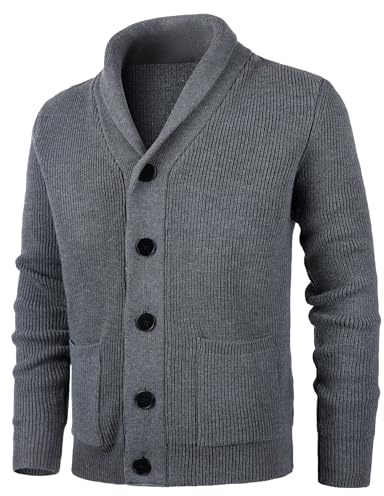 KTWOLEN Homme Cardigan à Manches Longues et Col Châle Épais Hiver Cardigans Gilet Veste Tricoté Chaud avec Poches, Charbon, L