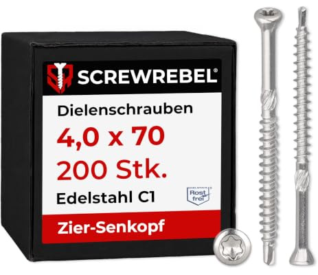 Dielenschrauben Edelstahl 4 x 70 mm, 200 Stück, TX15, kleiner Kopf, Teilgewinde, Bohrspitze, Reibteil