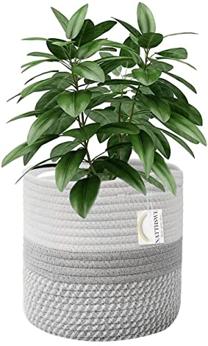 NATTHSWE Pflanzenkorb mit Liner, Geflochtene Blumentopf Übertopf Korb für 18cm Innenbereich Pflanzgefäße Baumwollseil Jute Pflanzenkorb Topf Dekoration faltbar Wäschekorb Haushalt Lagerung Korb