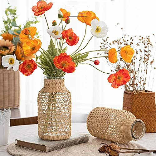 Tiamu Glasvase Blumenvase aus Rattan, Boho Blumenvase für Pampasgras Tulpen Rose, Groß Pot de Fleurs in Landhausstil, Boho Vase für Blumenarrangements DIY Hochzeitsdekoration