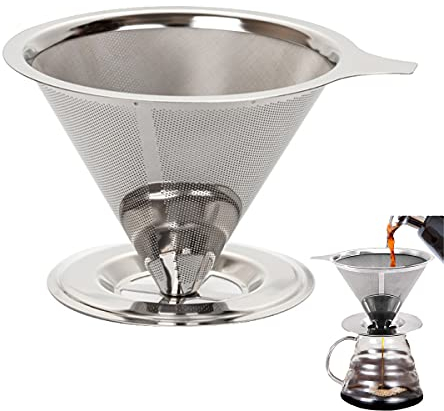 Tianyis Gotero de Café Reutilizable Acero Inoxidable, Filtro de Café Permanente, Cono Café Goteo Sin Papel Malla de Metal, Coffee Dripper Filter, Filtro de Cono de Malla para 1-4 Tazas