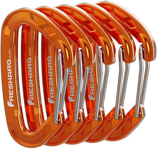 FresKaro 5pack Carabiner Clips Heavy Duty, Small Sturdy Key Keychain Accessory, Strong High Strength 8kN/1798lbs, Wire Gate, Ultra Lightweight, 7075 Aluminum, Rust Free, D-Shape, Orange