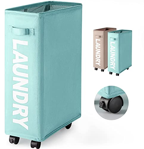 Rieeyrslza Cesto della Biancheria 43L Portabiancheria Pieghevole con Rotelle Sottile Sacchi da Biancheria Ceste per la Biancheria di Oxford per il Bagno (Blu Chiaro)