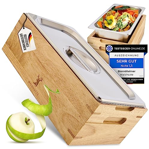 Waldhütte 𝐖𝐚𝐥𝐝𝐡ü𝐭𝐭𝐞 NEU 2025 - Biomülleimer Küche [Aus nachhaltigem Kautschukholz] Spülmaschinenfest + Rostfrei | Komposteimer 4l | Bio Mülleimer ohne Beutel und Filter verwendbar