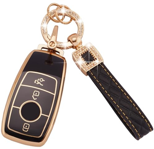 Koaudb Autoschlüssel Hülle Cover Passt für Mercedes Benz A B C E G S SL CLS-Klasse AMG 3 Tasten Schlüsseletui TPU Schlüsselhülle mit Lederanhänger Schlüsselanhänger (BP-Bz-3L)