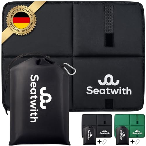 Seatwith® Cojín de espuma viscoelástica para exteriores, calor y comodidad extrema, con cojín para exteriores, resistente a la intemperie (45 x 35 cm), para camping, estadio y senderismo (negro)