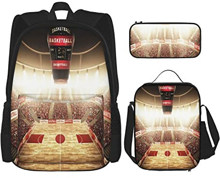 BAAROO 3-teiliges Set Rucksäcke Basketball Court Hintergrund Buch Tasche Reise Camping Arbeit Schule Tasche Federmäppchen Mittagessen Tasche Combinat, farbe, 5.0cm*10.5cm*20.5cm, federmäppchen