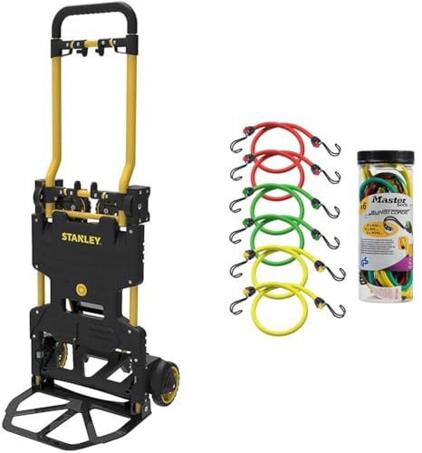 Stanley Chariot Pliable 2 en 1, Noir/Jaune, Ajustable & Master Lock 3040EURDAT Tendeurs avec Crochets [Pack de 6 Elastiques] [2 * 60 cm + 2 * 80 cm + 2 * 100 cm] [Double Crochet Inversé] - Idéal pour