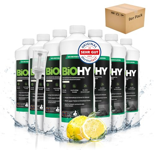 BiOHY Wischroboter Reiniger für Station mit Frischeduft (9 x 1L) + Dosierer | Bodenreiniger Wischroboter & Reinigungsmittel für Saugwischer und Saugroboter Konzentrat für Parkett, Fliesen & Hartböden