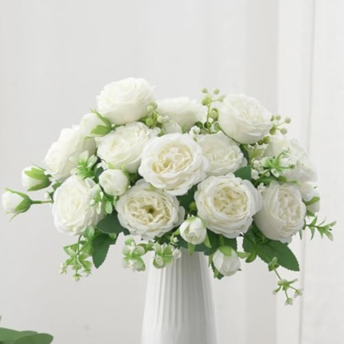 QEEYON 4 Bündel Künstliche Blume Pfingstrose Gefälschte Blumen mit 20 Köpfen Weiße Seidenpfingstrosen Blumensträuße für Hochzeit Home Tisch Party Fenster Vase Dekoration