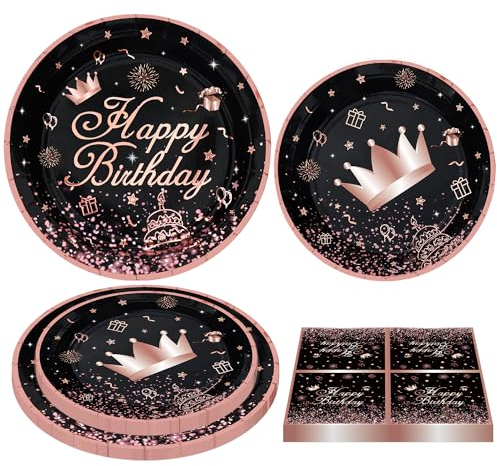 INSPIREYEE Assiettes de table pour fête d'anniversaire - Noir, or rose et noir - Décoration d'anniversaire