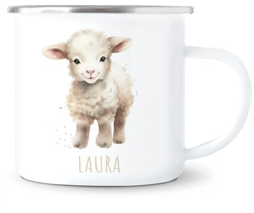 Schaf Emaille Tasse Kinder Trinkbecher personalisierte Kindertasse mit Namen süßer Kinderbecher für Mädchen & Jungen Geschenk Emaille Becher 300 ml (Schaf)