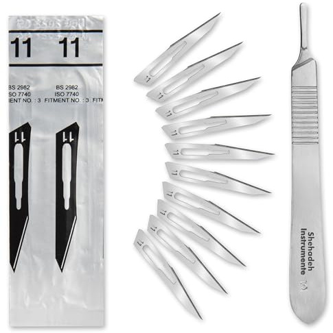 Set - 10 Stück sterile Skalpellklingen Figur 11 aus Karbonstahl - Ersatzklingen + 1 x Shehadeh - Skalpell-Halter - Edelstahl