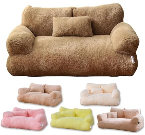 Calming Pet Sofa,Calming Dog Bed Fluffy Plush Pet Sofa, Dog Bed for Small Medium Large Dogs, Memory Foam with Removable Washable Cover (XX-Large, Brown)