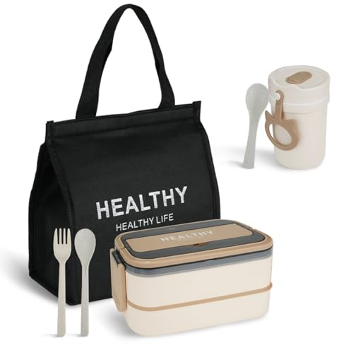 Mulaibdin Bento Lunch Box, Lunch Box Adults Kids Leakproof, Lunch Box with & Cutlery Lunch Bag, Bento Box with Compartments Microwave Safe, Stackable Lunchbox Container for Work,School(1400ml)