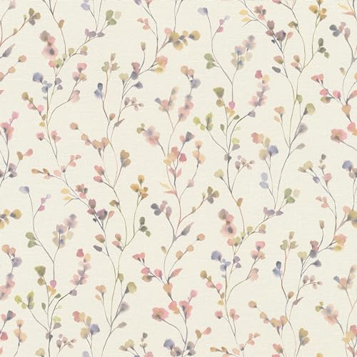 Rasch Tapete 486155 - Helle Vliestapete mit kleinen Blumen in Rosa und Grün in Aquarelloptik aus der Kollektion Country Charme