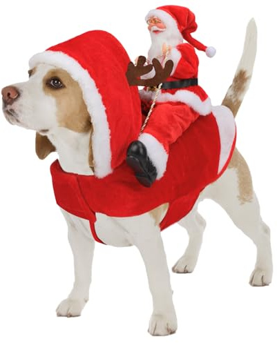 Mfsdai Hund Weihnachtskostüm, Santa Reiten Kleidung Hundekostüm, Hundepullover Mantel Weihnachten Rot für Kleine Mittel Große Hunde Katzen M