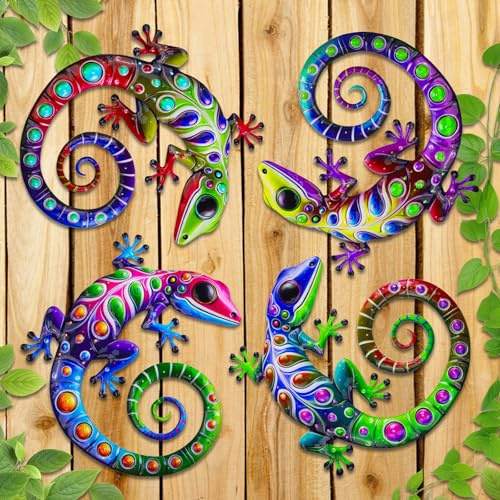 4er-Pack Metall-Wandkunst Outdoor-Dekoration, Giyiprpi 3D bunte Outdoor-Wandkunst Zaundekorationen für Terrasse und Hof, Wandskulptur hängende Dekoration für Garten Wohnzimmer Balkon (Metall-Gecko)