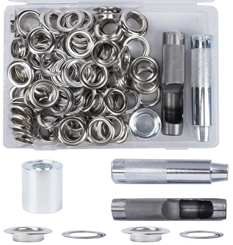 Luabue 100Sets 18mm Eyelet Punch Kit Silver Metal Eyelets Grommet Punch Kit, Tarpaulin Repair Kit 0.71in Grommets Eyelets for Fabric Leather Craft Tarpaulin Curtains DIY and Decoration