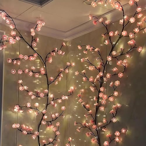 Arbre Lumineux LED, Arbre Lumineux Interieur Fleur de Cerisier, Vine Décoration avec Télécommande et 8 Modes, Minuteries alimentées par USB, Decoration Murale Chambre (Cerisier Roses, 2.3M 144LEDs)