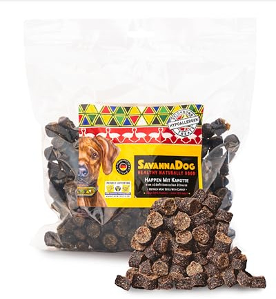 SavannaDog Happen mit Karotte 800g - Hunde Leckerlis getreidefrei & hypoallergen, Leckereien für Hunde mit Straußenfleisch, Hundeleckerli mit wertvollen Ballaststoffen