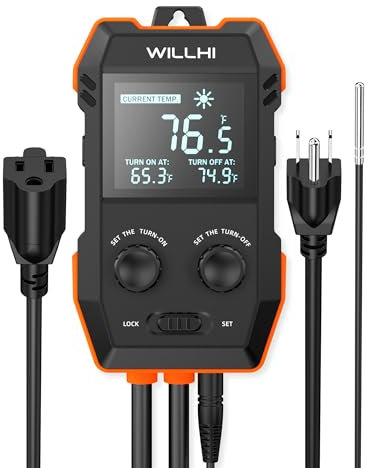 WILLHI WH2408 Temperature Controller 10A 1200W Thermostatically Controlled Digital Plug Switch for Reptiles Greenhouse Aquarium Seedling Mat Heating Mode Thermometer or