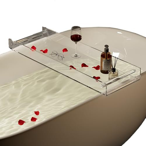 HIFRQVVC Badetablett ausziehbar, klarer Badewannenständer, Badezimmer-Theken-Organizer, transparentes Badewannentablett, Caddy, Badregal, Badregal, Acryl, for Handtücher, Wein, Kerzen(90CM)