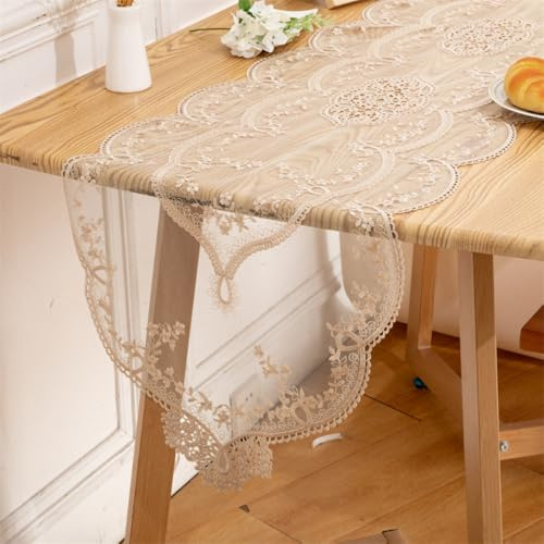 Spitze Stickerei Tischdecke, Oval Tischläufer Gestickte, Vintage Blume Blumenmuster Deckchen Boho Tischläufer für Hochzeit Party Abendessen Tisch Dekor,Champagner 40x90cm