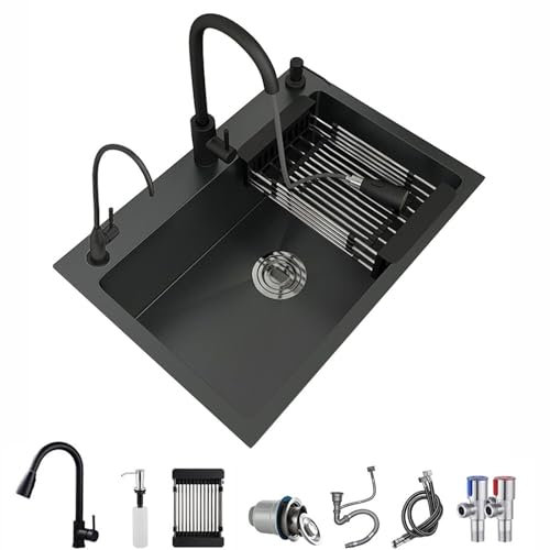 Brigtviee Évier de Cuisine en Acier Inoxydable Evier Cuisine 1 Bac INOX avec Robinetterie Extractible et Raccords de Vidange, Lavabo Cuisine à Encastrer Evier à Poser Evier sous-Plan,75x45cm