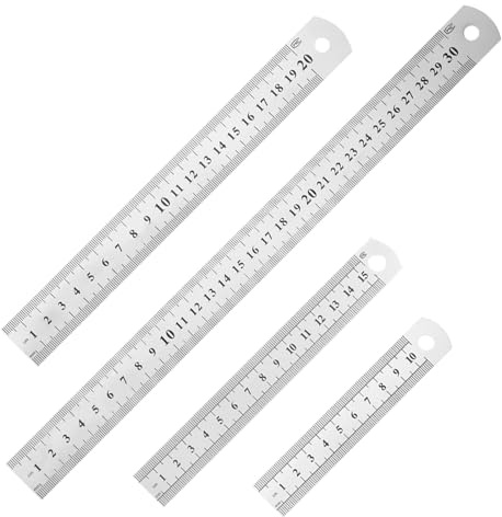 4 Stück Metall Lineal Set Stahllineal Metalllineal Präzisions 10cm/15cm/20cm/30cm Doppelseitenskala Kante Stahllineal mit Messwerkzeug Gerader Rand für Engineering Lehre Zeichnungen Büro