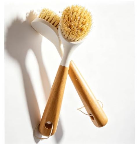 JouiiSiYa Bamboo Vegetable Brush Set, Natural Bristle Dish Brush with Holder, Eco Friendly Soft Dish Scrubber Kitchen Brush for Dishes (2 Long Handle) | Long Wooden Handle Dish Brush, Eco Friendly Dish Scrubber