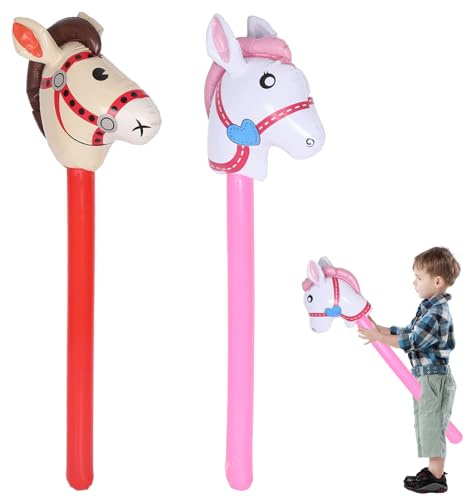 2 StüCk Aufblasbares Stabpferd, 95cm Steckenpferd Kinder füR Das TäGliche Spiel, Pferd-Thema Geburtstagsfeier Dekorationen, Party Geschenk Requisiten, Kinder-Sport-Requisiten Mit ((Rosa + Rot))