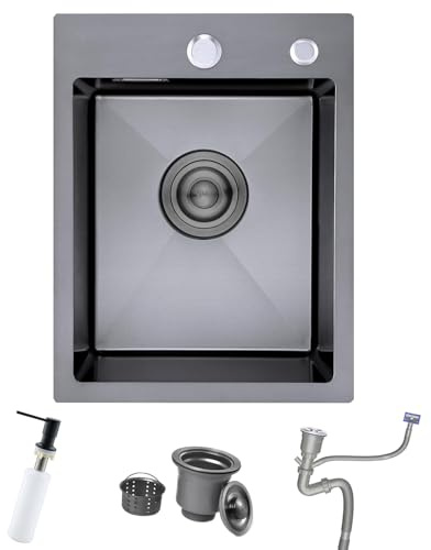35×45cm Fregadero Cocina Negro Gris, Fregadero Cocina 1 Seno sobre Encimera ou Empotrado, Fregadero Negro 1 Seno Inox con Desbordamiento y Sifon, Dosificador de Jabón | Instalación de montaje superior empotrable, 2 agujeros para grifo, kit de desagüe y desbordamiento, dispensador de jabón