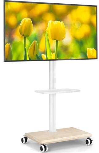 5Rcom Support TV roulettes Blanc Pied TV pour Télé de 27-55 Pouces, Réglable en Hauteur et Pivotant Support TV sur Pied avec roulettes Meuble Support TVs avec Base en Bois VESA Max 400x400mm Max 30kg