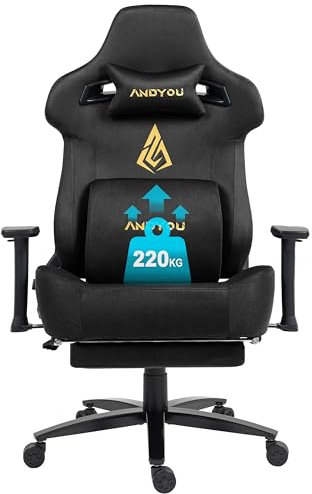 Andyou Gaming Stuhl Wippfunktion von 12° Chefsessel 220kg Belastbarkeit, Ergonomisch PC-Stuhl aus Wildlederimitat Stoff, Gaming Sessel mit 3D Armlehnen, 90-155° Rückenlehne