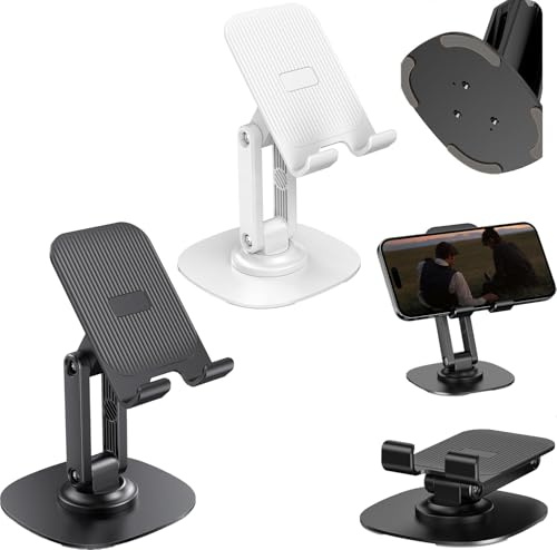 YUNYU Soporte plegable giratorio de 360° para escritorio, soporte para teléfono móvil con base antideslizante resistente, compatibilidad con doble dispositivo, color blanco y negro