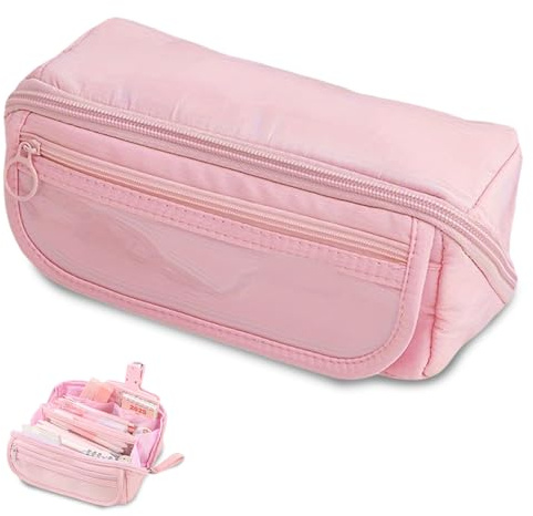 Cokoozoo Large Pink Pencil Case with Zip, Big Capacity Multi-Compartment Pouch for Girls, Kids, Students, Teens, Women – Ideal for School, Office, and Travel
