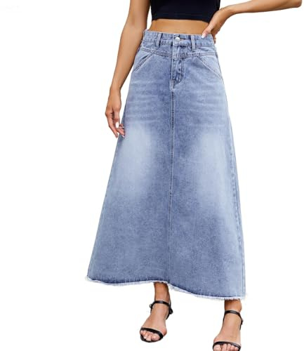 Generico Gonna Lunga in Denim da Donna – Gonna Lunga in Jeans Svasata a Vita Alta Vintage con Scollo a V