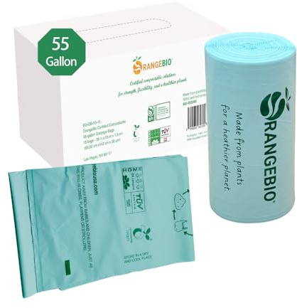 OrangeBio 55 Gallon Home Compostable Trash Bags, 15 Count, 1.5 Mils Extra Thick 38 x 56 Inches, 208 Liter, Compostable Liners, ASTM D6400 EN 13432 US BPI & OK Compost Home Certified