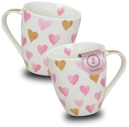 XXL Kaffeetassen 2er Set aus Porzellan 400ml - Teetassen für 2 Personen mit rosa-gold Herzen