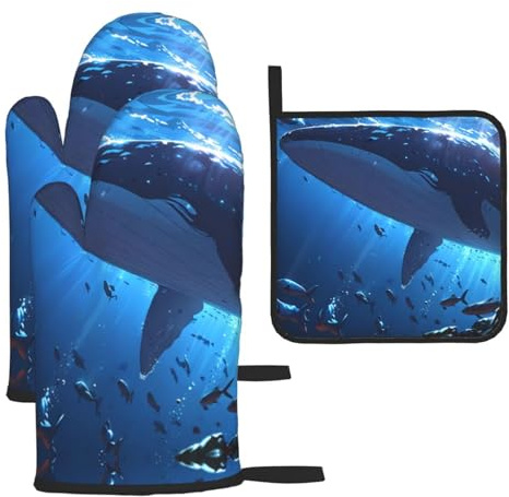 WZYWHJ Blue Whale Printing, guanti da forno e presine, set da 3 pezzi, guanto da cucina lungo ispessito