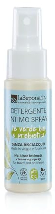 La Saponaria | Spray Higiene Íntima Biológico con Té Verde Orgánico y Prebióticos, pH 5.5, Sin Aclarado, Limpiador Vegano y Delicado, Ideal para Viajes, Higiene Íntima Ecologica Diaria, 50 ml