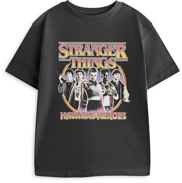 Stranger Things T-Shirt Enfant à Manches Courtes Gris foncé | T-Shirt Graphique avec Eleven, Mike, Dustin, Lucas et Will | Idéal au Quotidien | Produits dérivés