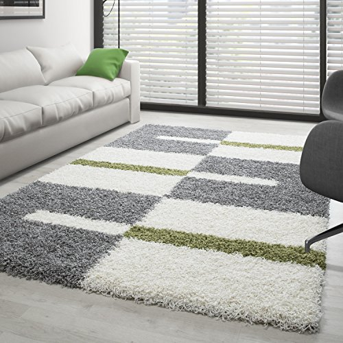 Carpettex Hochflor Teppich Wohnzimmer Shaggy Flokati Modern Kariert 200 x 290 cm Grün - Schlafzimmer Weich Flauschig Waschbar Küche Esszimmer - Langflor