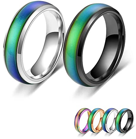 Bymivofun 2 Pcs Anneaux d'Humeur, Bague d'Humeur, pour Petit Ami Petite Amie Fête Anniversaire Saint Valentin Anniversaire (Noir, argent, 61 (19.8))