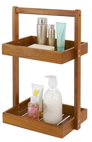 Utoplike Teak Wood Shower Caddy Corner, 2 Tier Bathroom Organizer Countertop, Standing Shower Rack with Handle, Stand Up Shower Basket for Shampoo, Shelf Rack for Inside Shower, Kitchen Desktop